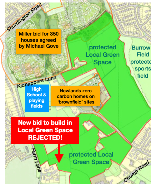 Map of the Leckhampton Fields Local Green Space and the nearby site which will now see 350 homes built next to the Shurdington Road